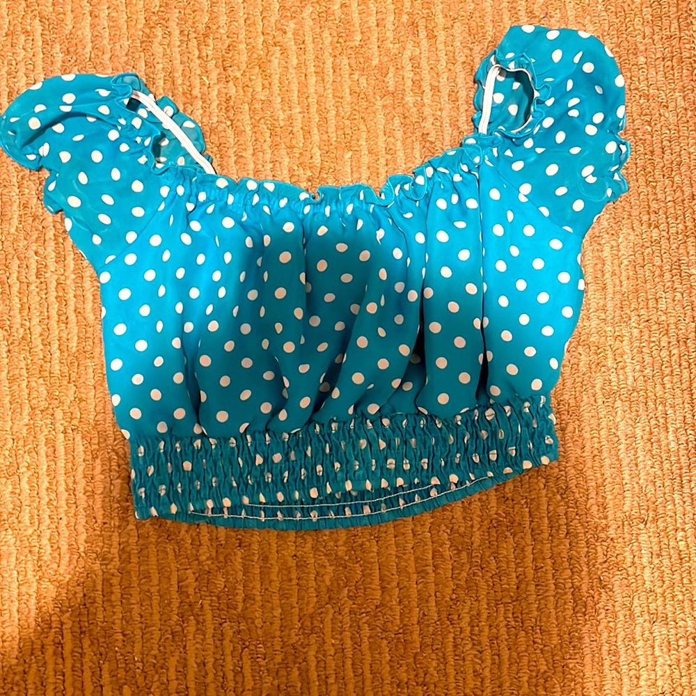 Blue and white polka dot, crop top, brand: American Dream